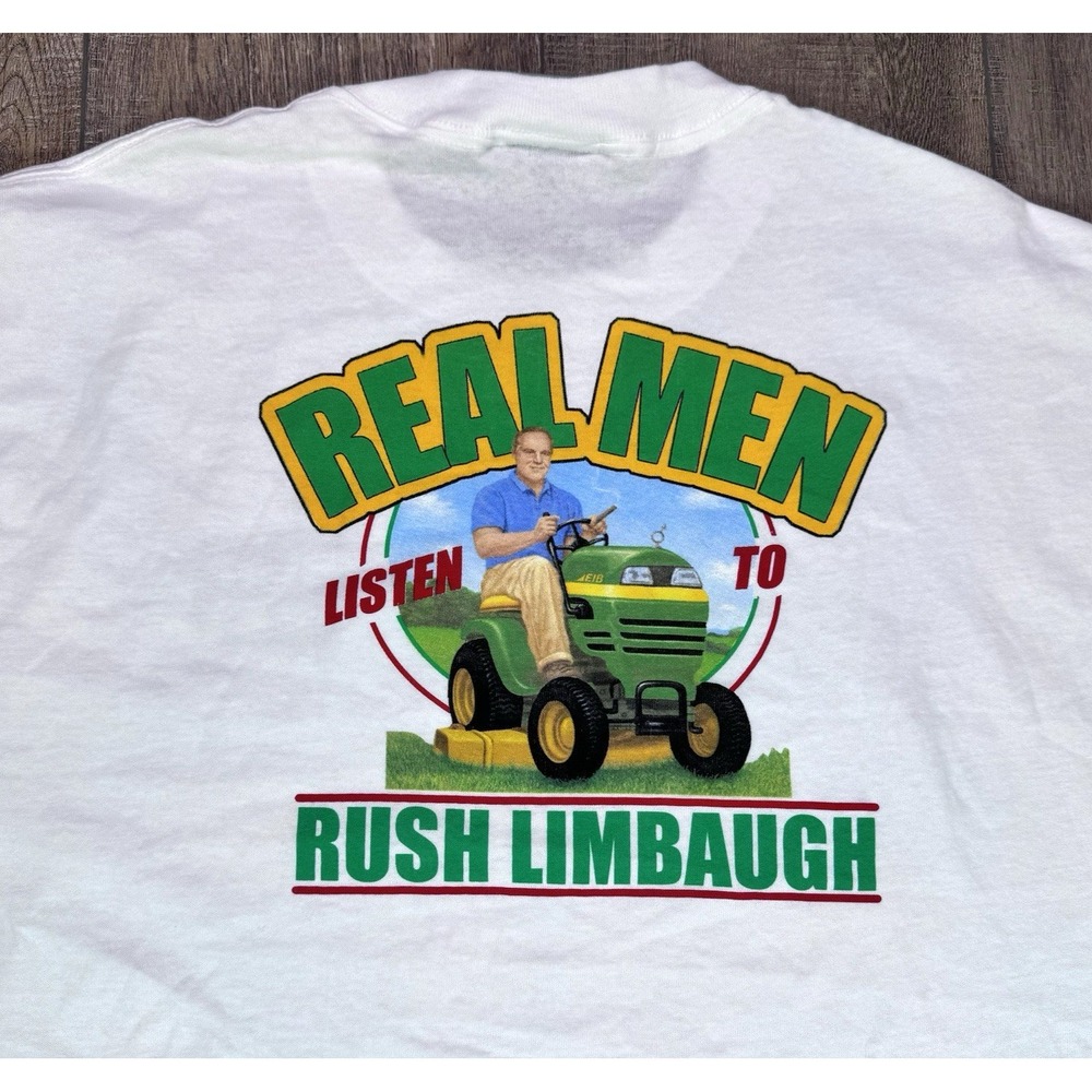 Vintage 90s Real Men Listen To Rush Limbaugh Talk Show White Shirt Mens Size XL